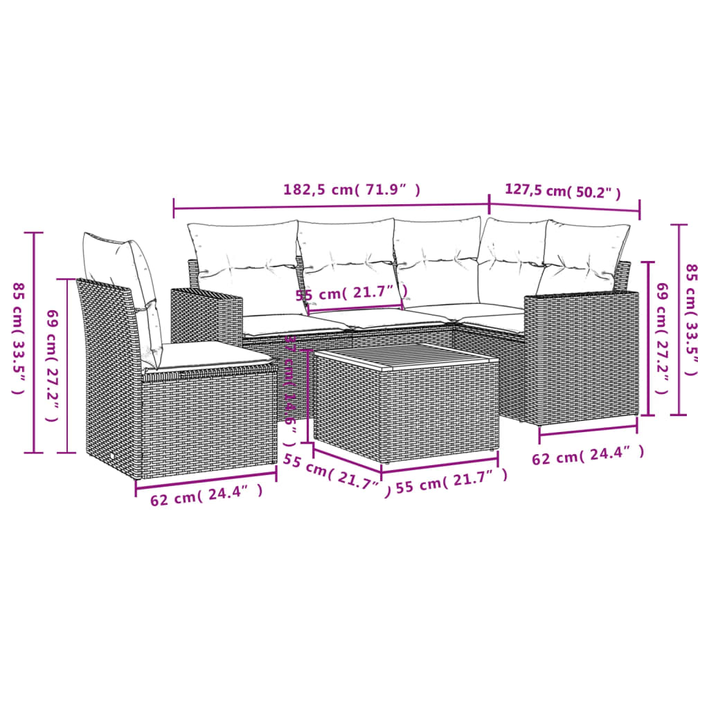 vidaXL 6-delige Loungeset met kussens poly rattan grijs afbeelding