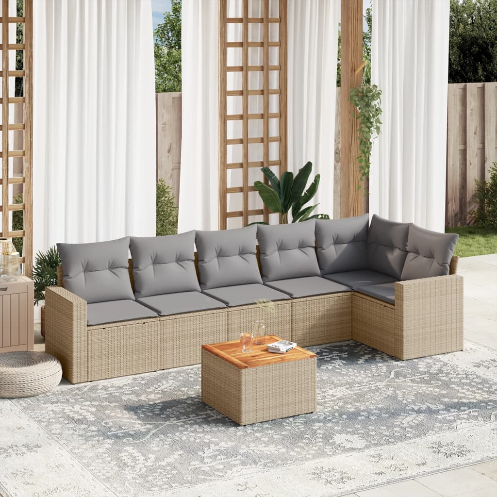 7-tlg. Garten-Sofagarnitur mit Kissen Beige Poly Rattan