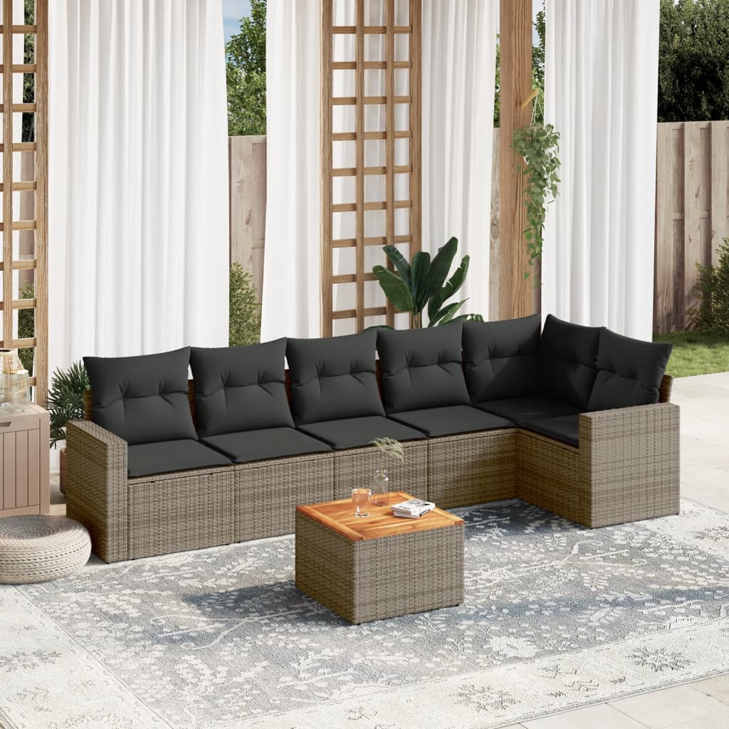 7-tlg. Garten-Sofagarnitur mit Kissen Grau Poly Rattan