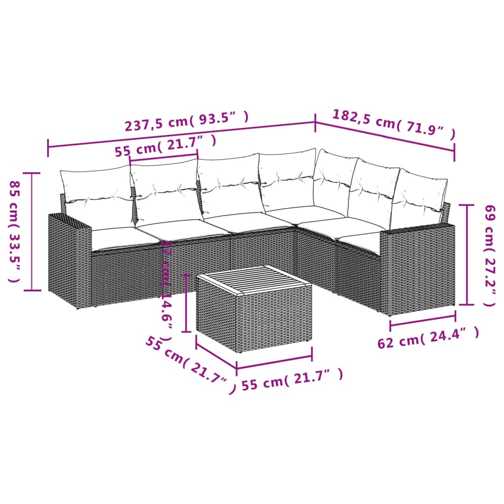 vidaXL 7-delige Loungeset met kussens poly rattan zwart afbeelding