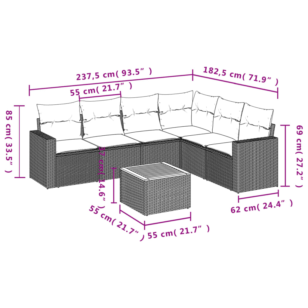 Thumbnail - vidaXL 7-tlg. Garten-Sofagarnitur mit Kissen Schwarz Poly Rattan