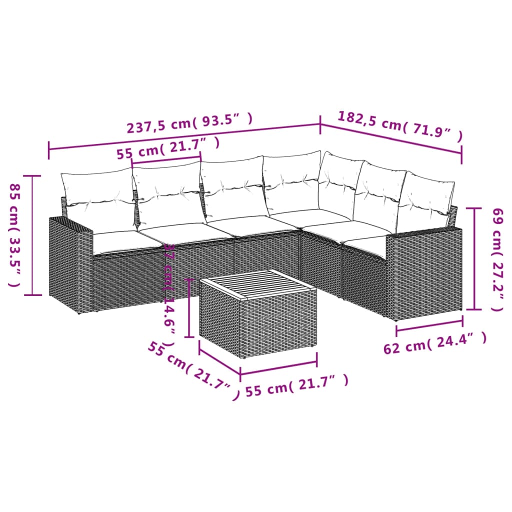 vidaXL 7-delige Loungeset met kussens poly rattan beige