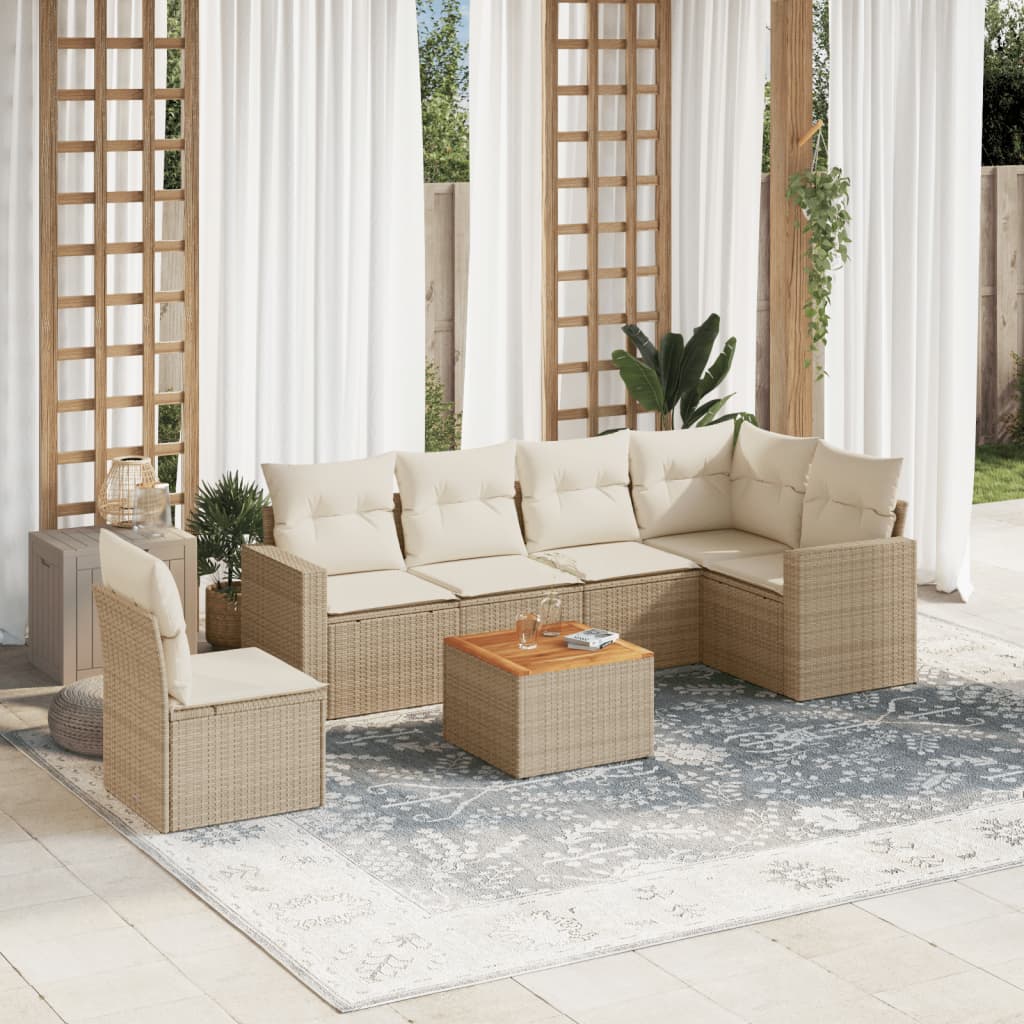 7-tlg. Garten-Sofagarnitur mit Kissen Beige Poly Rattan