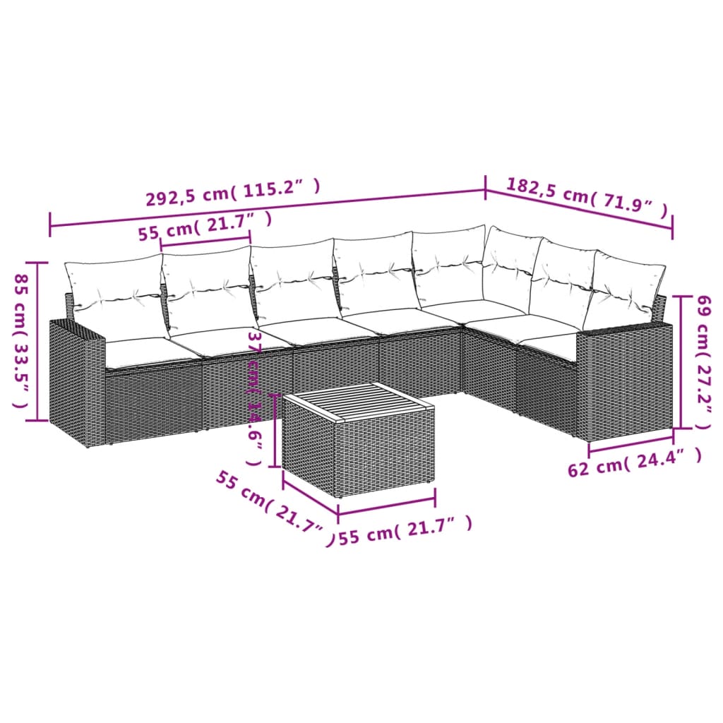 vidaXL 8-delige Loungeset met kussens poly rattan grijs afbeelding