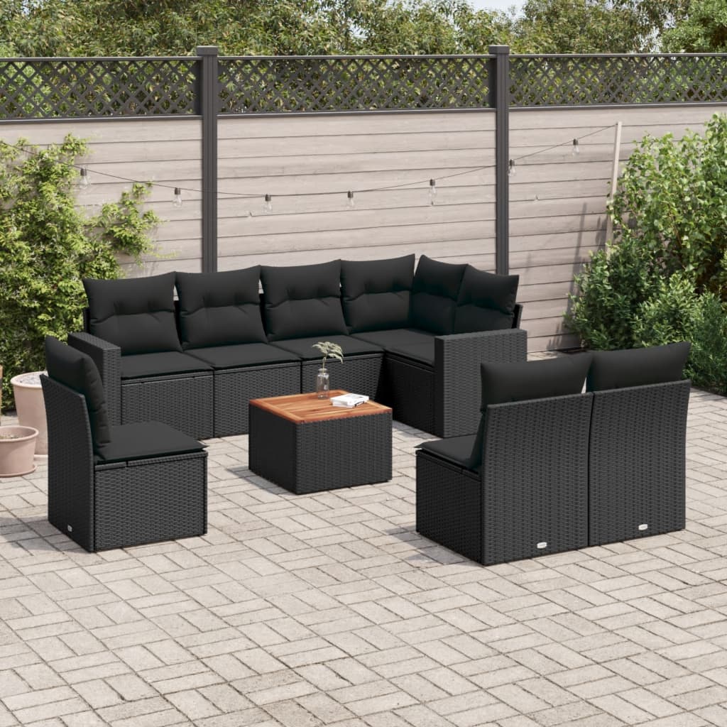 vidaXL 9-tlg. Garten-Sofagarnitur mit Kissen Schwarz Poly Rattan