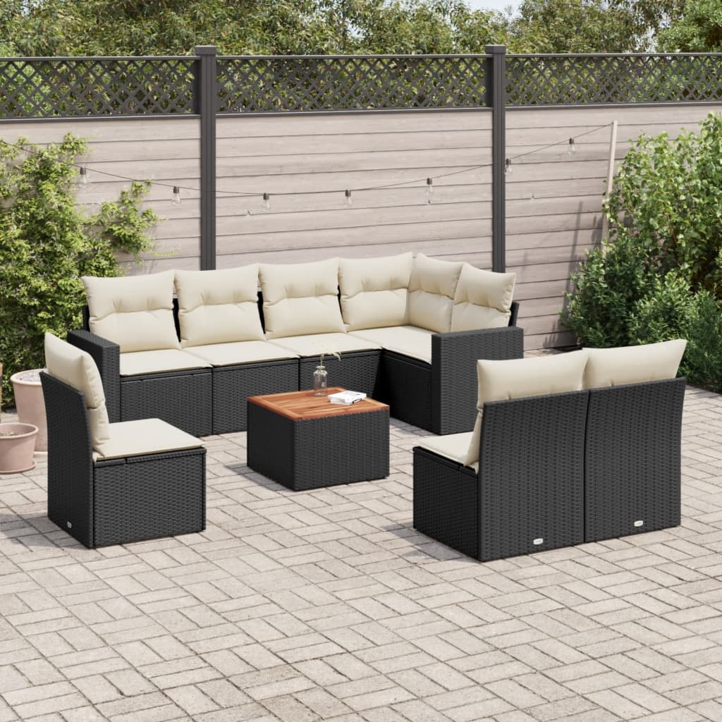 vidaXL 9-tlg. Garten-Sofagarnitur mit Kissen Schwarz Poly Rattan