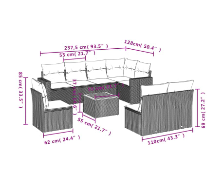 vidaXL Salon de jardin avec coussins 9 pcs beige r&eacute;sine tress&eacute;e