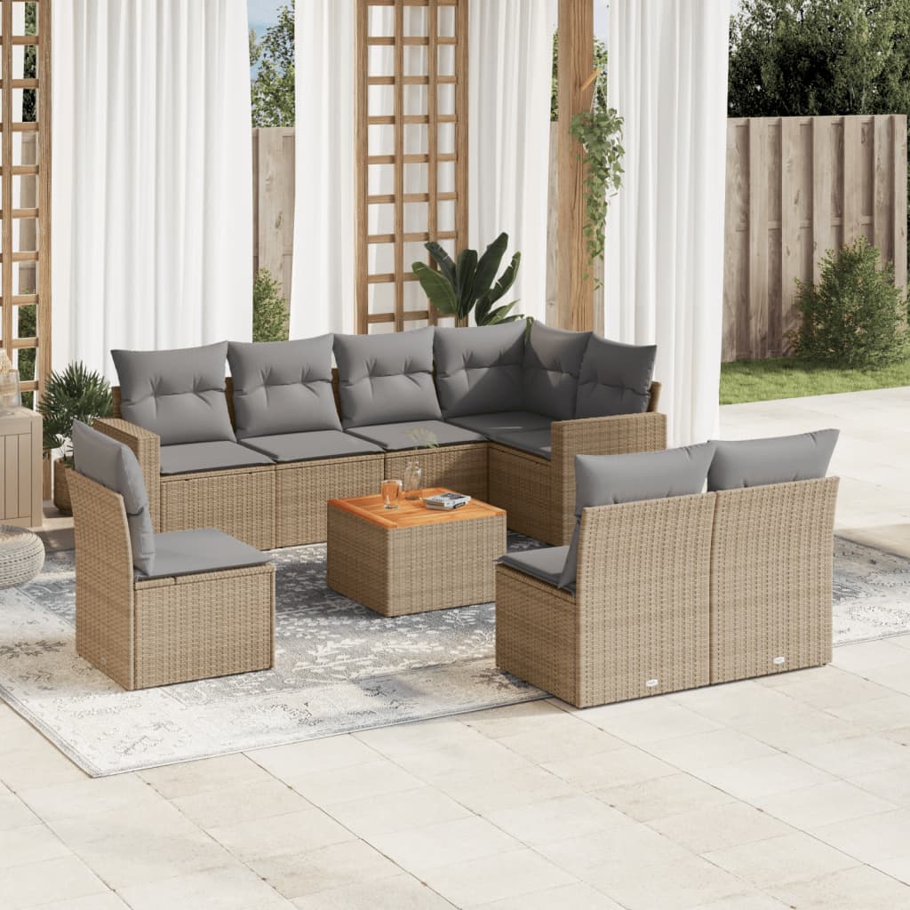 vidaXL 9-tlg. Garten-Sofagarnitur mit Kissen Beige Poly Rattan