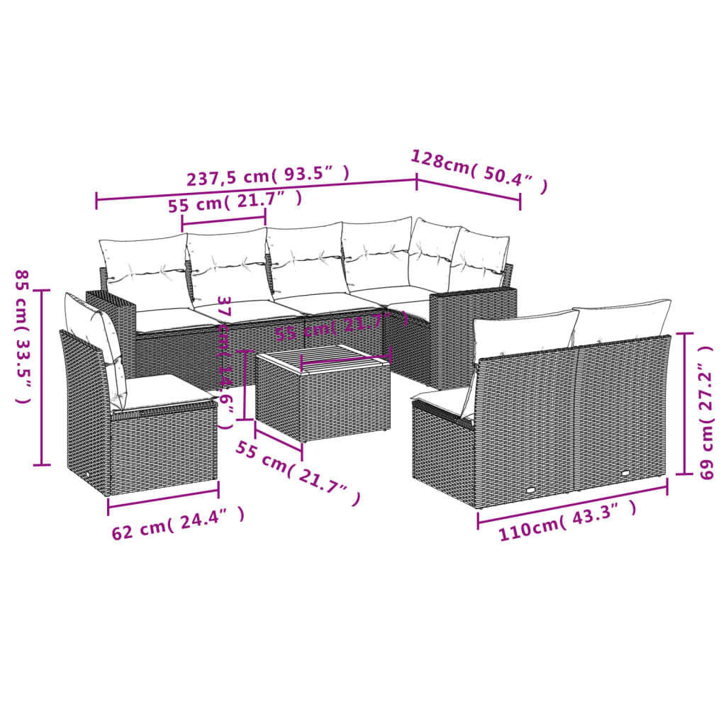 Set canapele de grădină, 9 piese, cu perne, gri, poliratan 3224163 - imagine 3