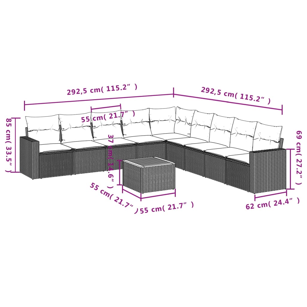 Set canapele de grădină cu perne, 10 piese, negru, poliratan 3224165 - imagine 3
