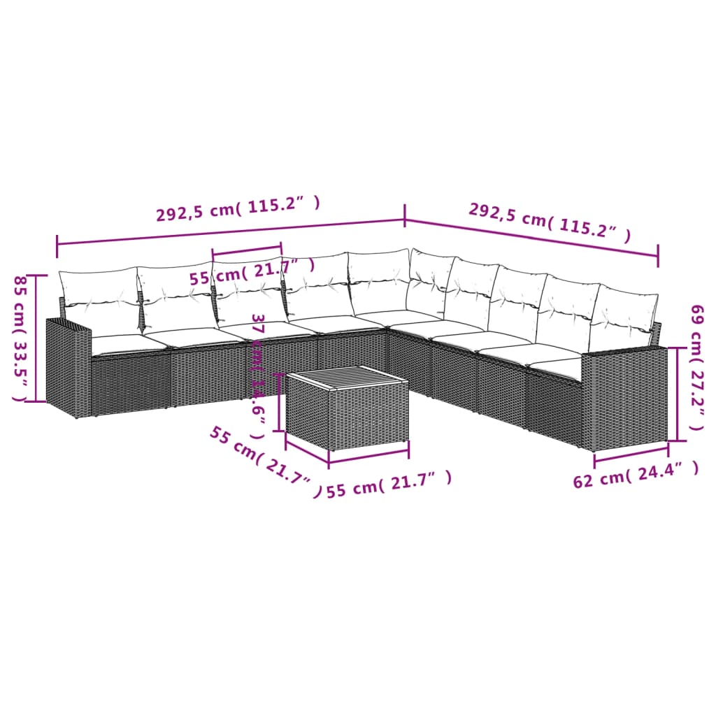 Set canapele de grădină cu perne, 10 piese, negru, poliratan 3224166 - imagine 3