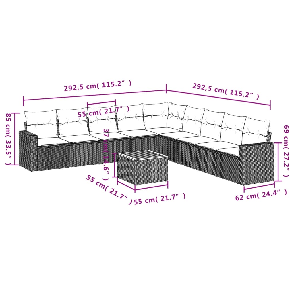 Set mobilier de grădină cu perne, 10 piese, gri, poliratan 3224170 - imagine 3