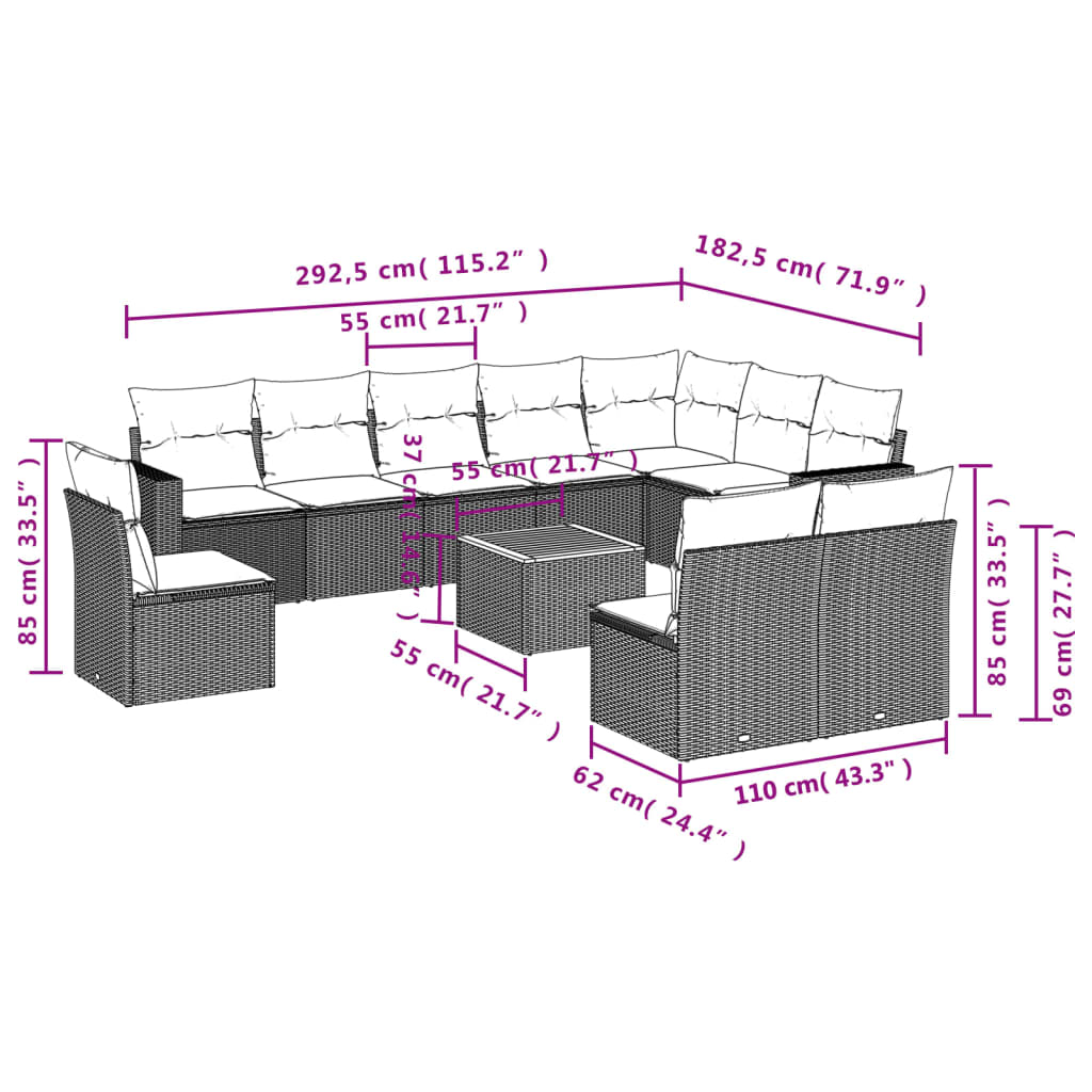 Set canapele de grădină cu perne, 11 piese, bej, poliratan 3224176 - imagine 3