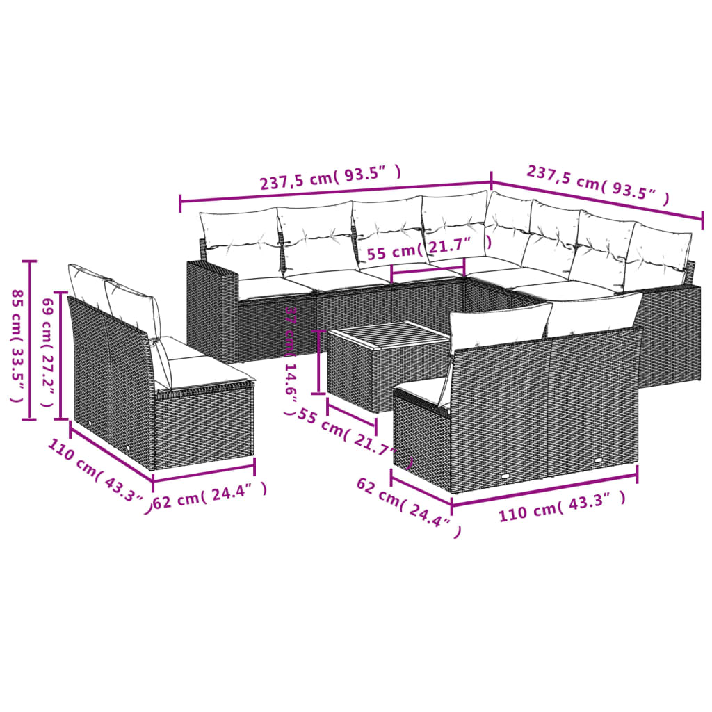 Set canapele de grădină, 12 piese, cu perne, negru, poliratan 3224180 - imagine 3