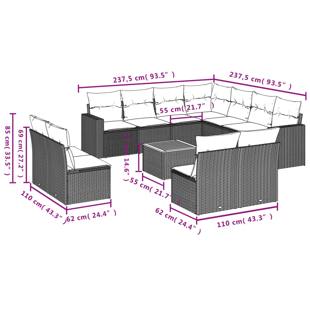 Set canapele de grădină cu perne, 12 piese, bej, poliratan 3224183 - imagine 3