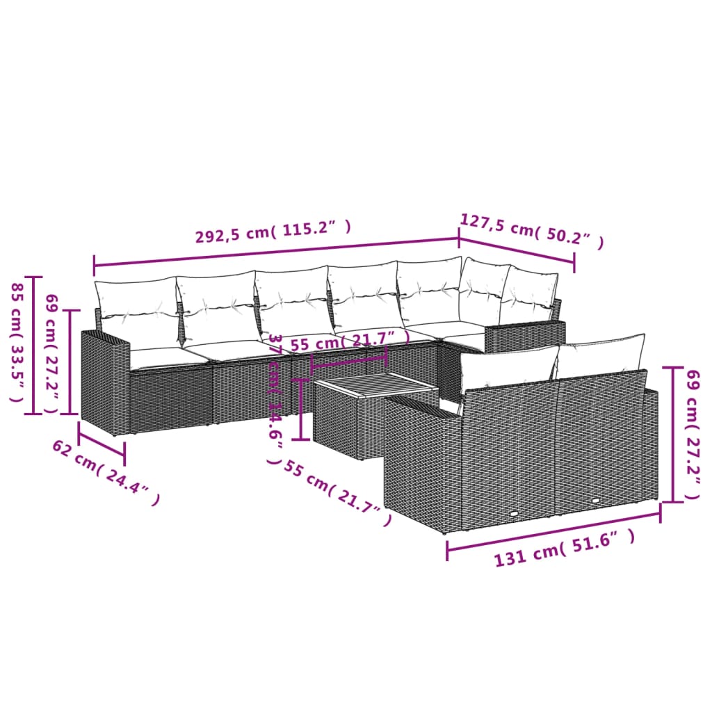 vidaXL 9-delige Loungeset met kussens poly rattan zwart afbeelding