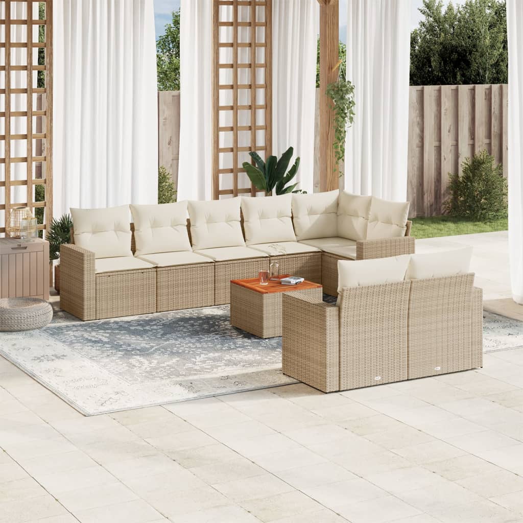 vidaXL 9-tlg. Garten-Sofagarnitur mit Kissen Beige Poly Rattan