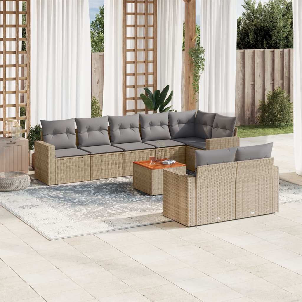 vidaXL 9-tlg. Garten-Sofagarnitur mit Kissen Beige Poly Rattan