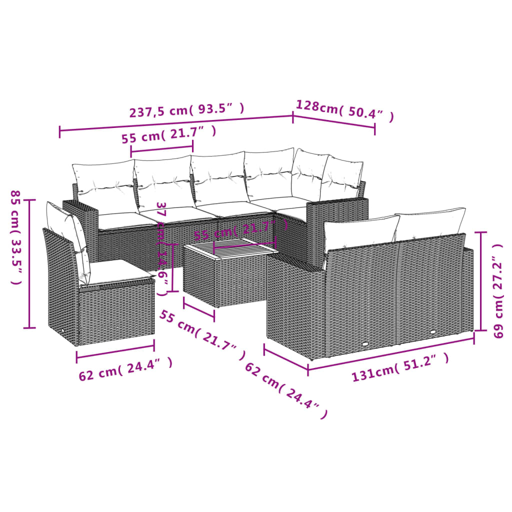 vidaXL 9-delige Loungeset met kussens poly rattan beige