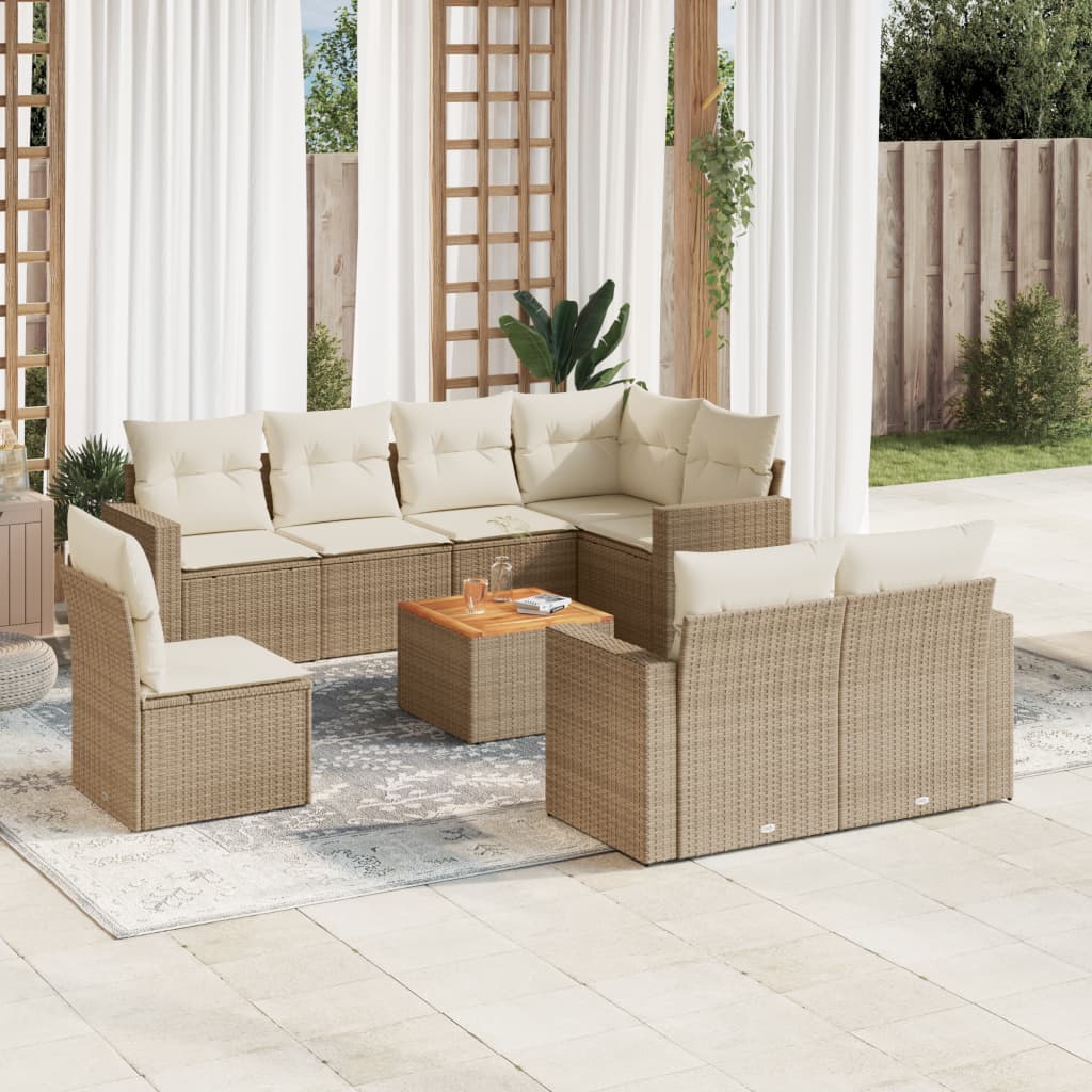 vidaXL 9-tlg. Garten-Sofagarnitur mit Kissen Beige Poly Rattan