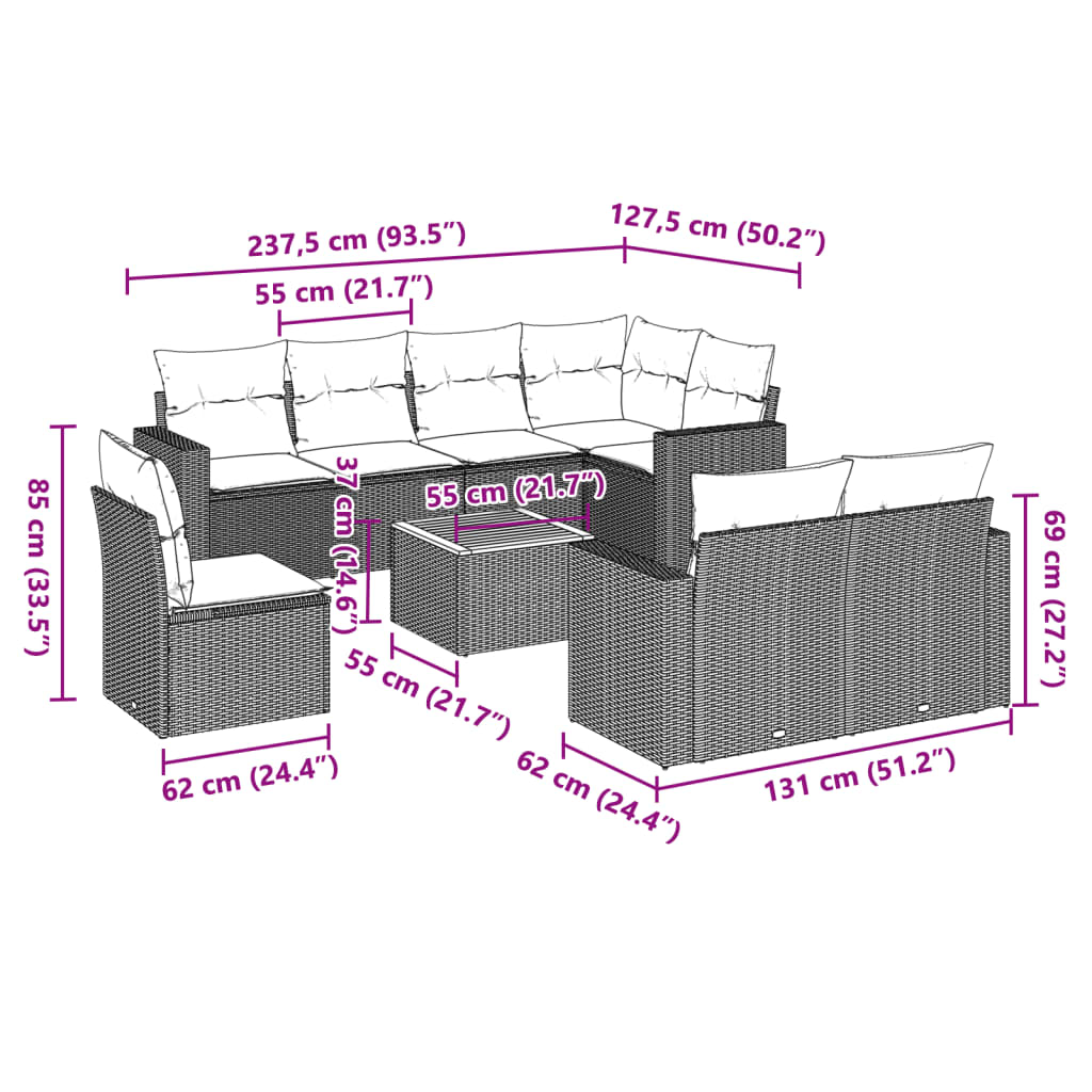 vidaXL 9-delige Loungeset met kussens poly rattan grijs afbeelding