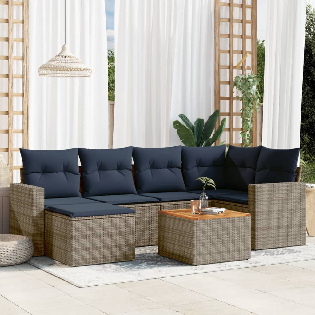 Set de sofás de jardín 7 pzas con cojines ratán sintético gris