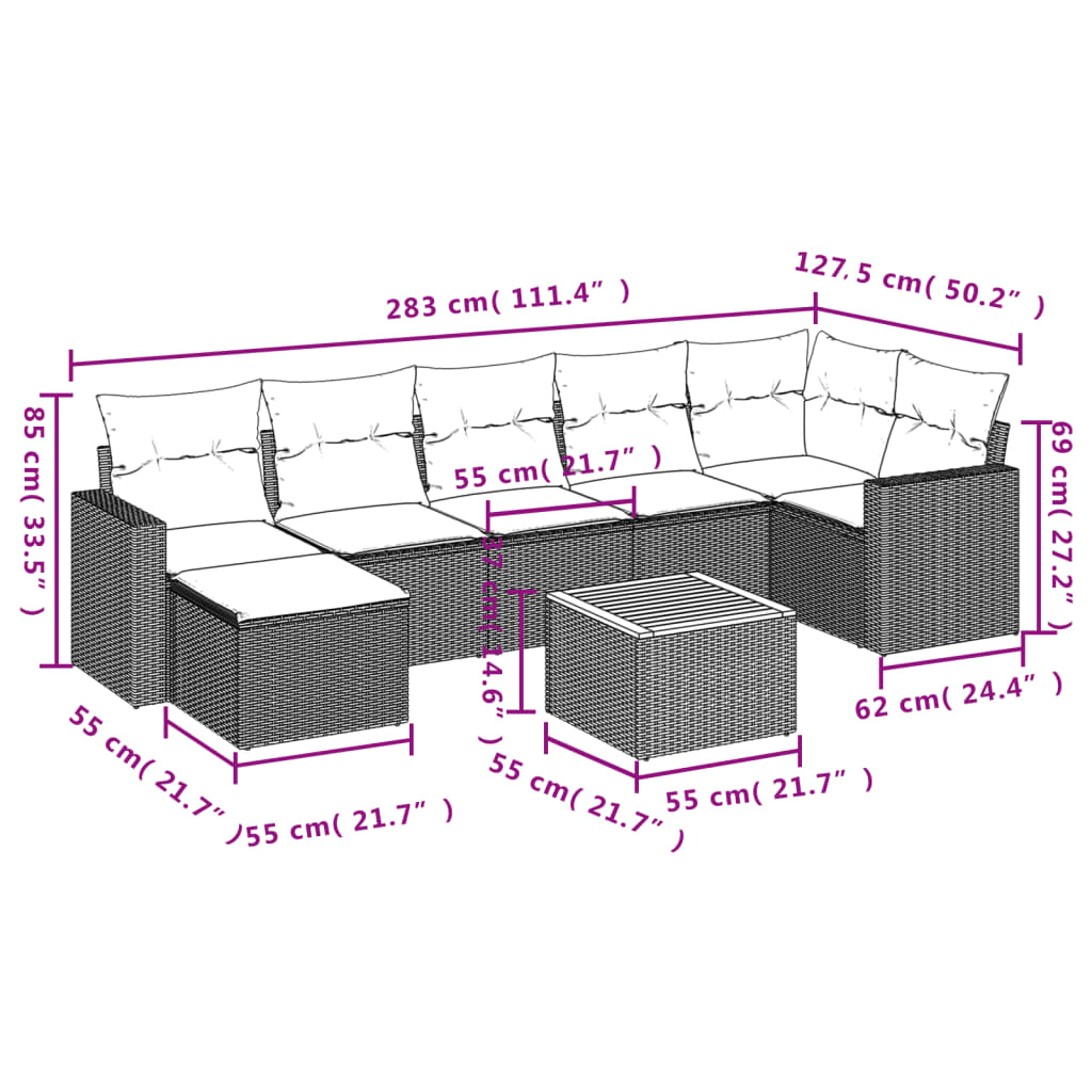 Set mobilier de grădină cu perne, 8 piese, negru, poliratan 3224229 - imagine 3