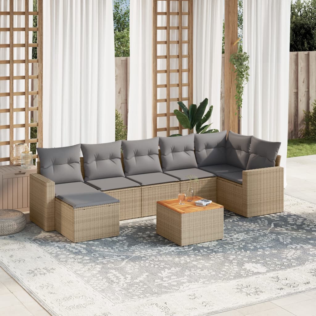 Set Divano da Giardino 8 pz con Cuscini Beige in Polyrattan