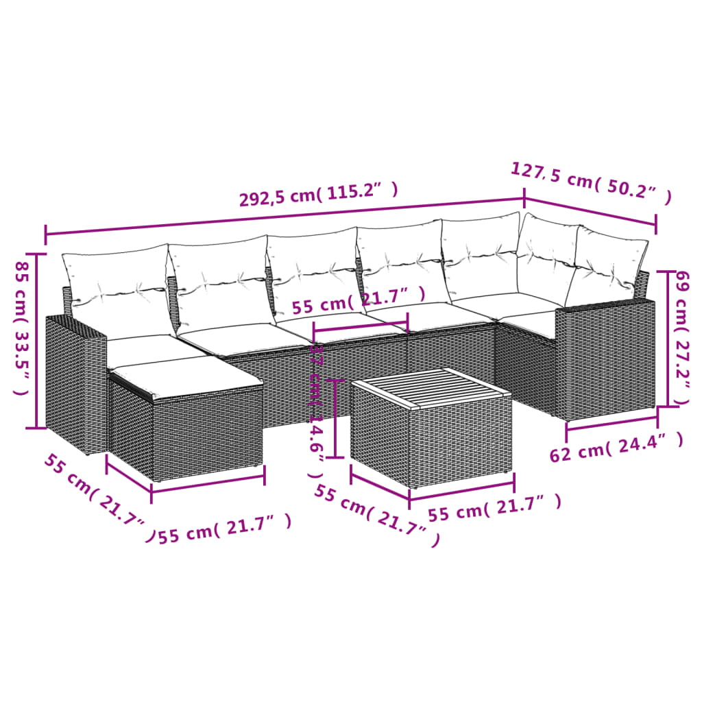 Set canapele de grădină cu perne, 8 piese, gri, poliratan 3224233 - imagine 3