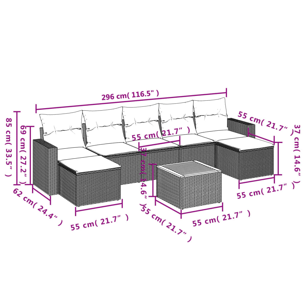Set canapele de grădină cu perne, 8 piese, gri, poliratan 3224254 - imagine 3