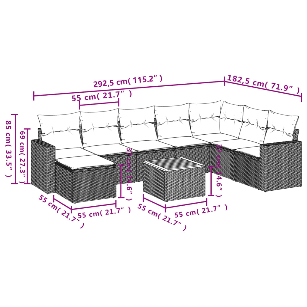 Set canapele de grădină, 9 piese, cu perne, bej, poliratan 3224259 - imagine 3
