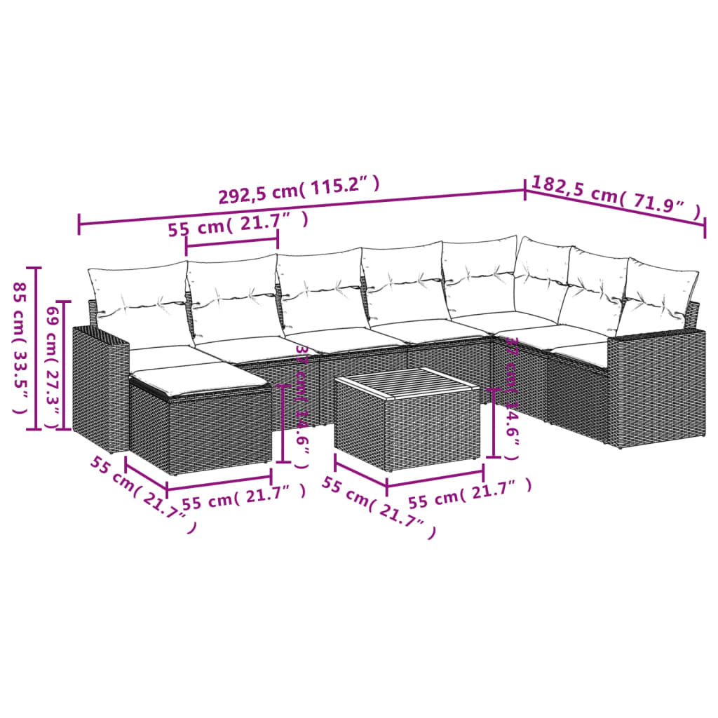 Set canapele de grădină, 9 piese, cu perne, gri, poliratan 3224261 - imagine 3