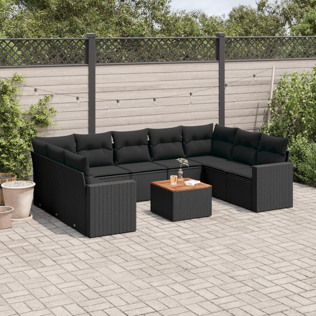 vidaXL 10-tlg. Garten-Sofagarnitur mit Kissen Schwarz Poly Rattan