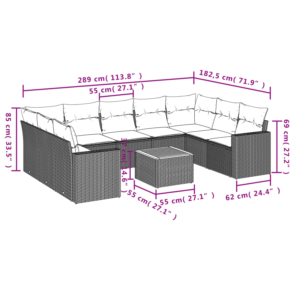 Set canapele de grădină cu perne, 10 piese, bej, poliratan 3224267 - imagine 3