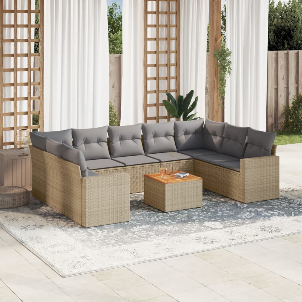 Set Divano da Giardino 10 pz con Cuscini Beige in Polyrattan