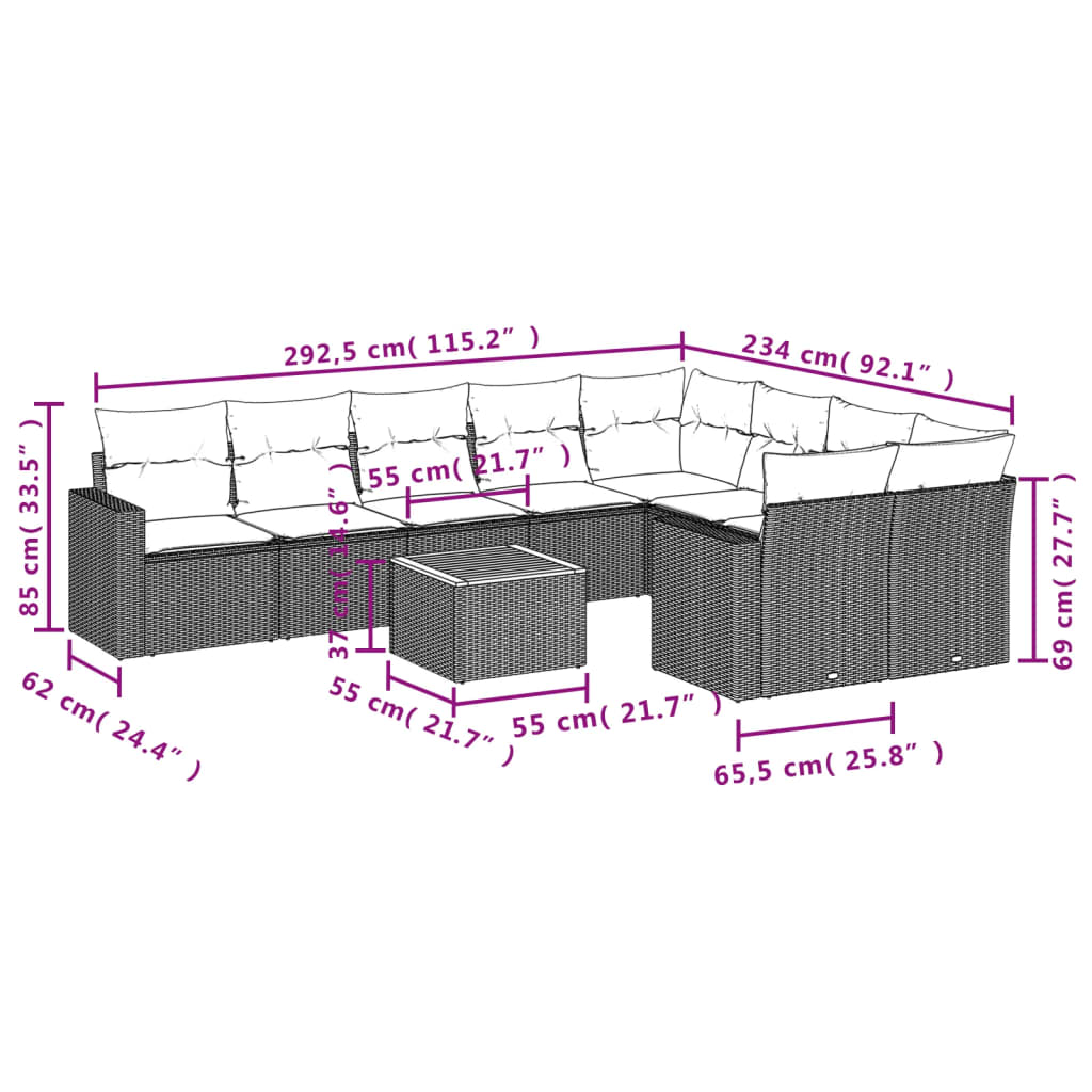 Set canapele de grădină cu perne, 10 piese, negru, poliratan 3224277 - imagine 3