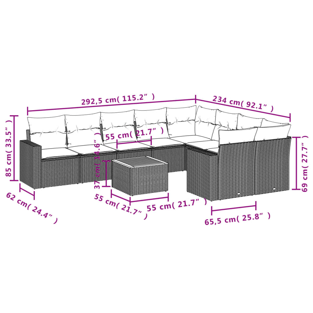 Set canapele de grădină cu perne, 10 piese, negru, poliratan 3224278 - imagine 3