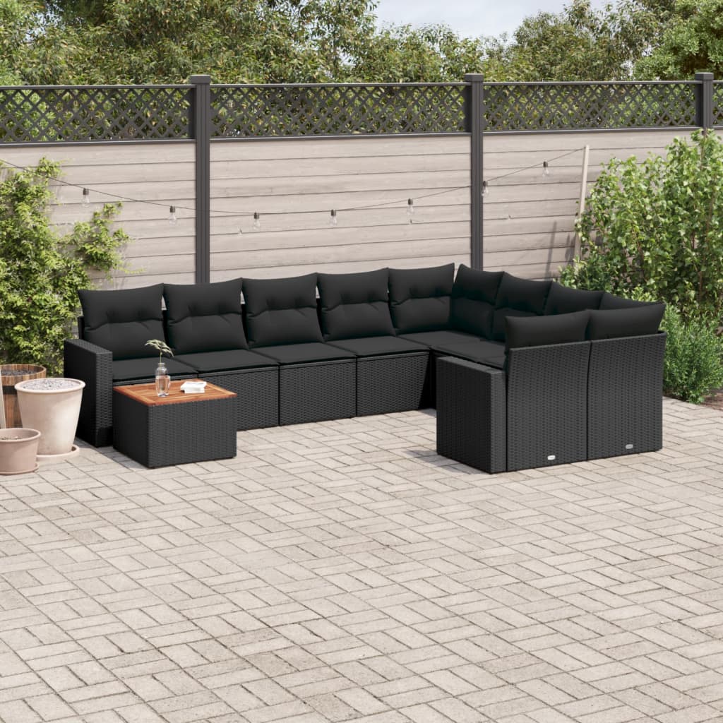 vidaXL 10 Piece Garden Sofa Set with Cushions Black Poly Rattan