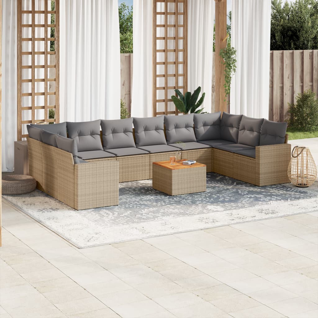 11-tlg. Garten-Sofagarnitur mit Kissen Beige Poly Rattan