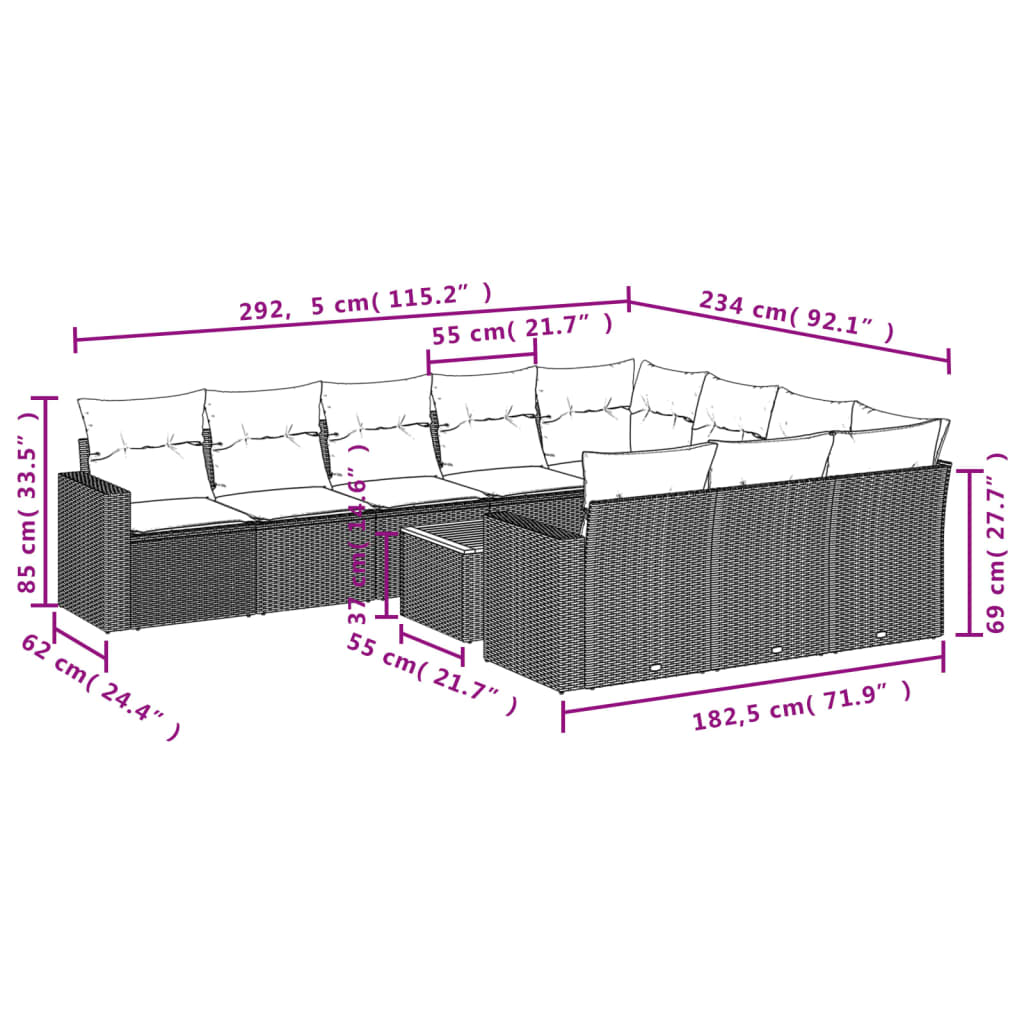Set canapele de grădină cu perne, 11 piese, negru, poliratan 3224298 - imagine 3