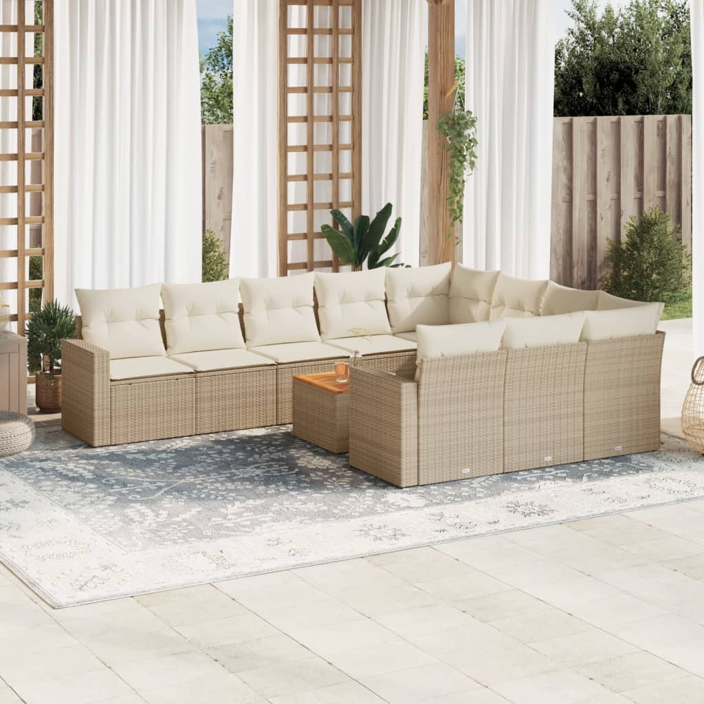 vidaXL 11-tlg. Garten-Sofagarnitur mit Kissen Beige Poly Rattan