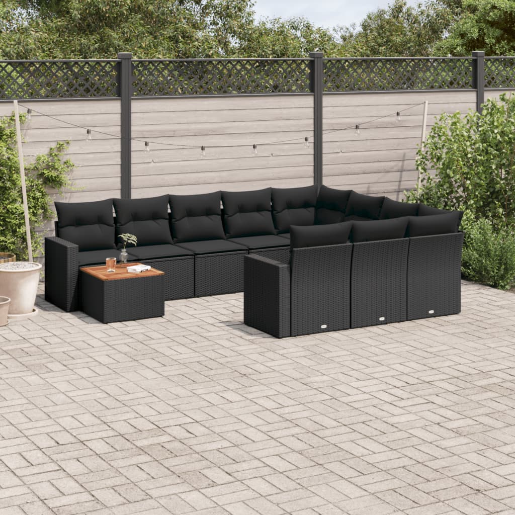 vidaXL 11-tlg. Garten-Sofagarnitur mit Kissen Schwarz Poly Rattan