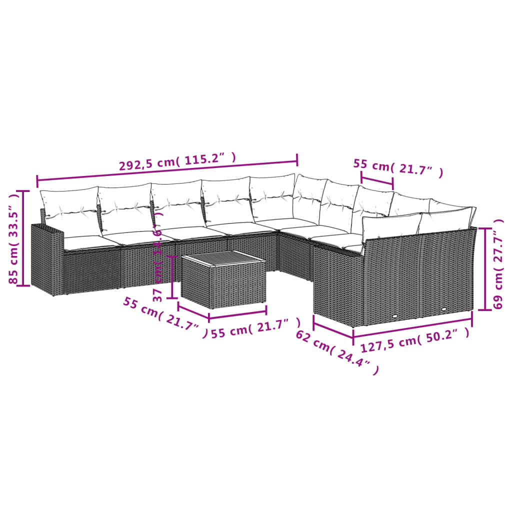 Set canapele de grădină cu perne, 11 piese, negru, poliratan 3224312 - imagine 3
