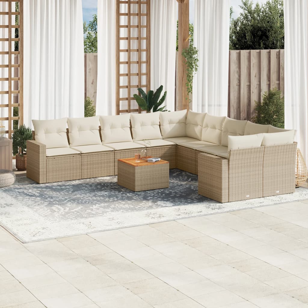 vidaXL 11-tlg. Garten-Sofagarnitur mit Kissen Beige Poly Rattan