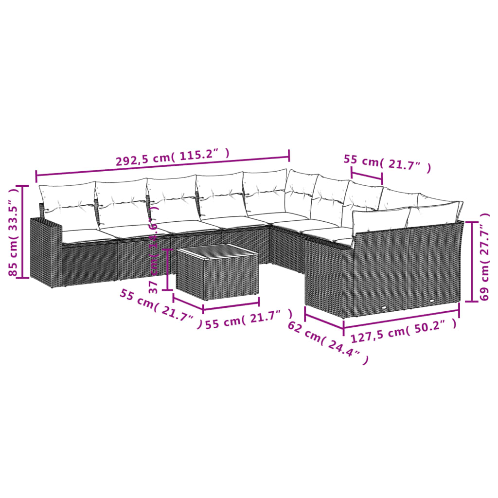 Set canapele de grădină cu perne, 11 piese, gri, poliratan 3224317 - imagine 3