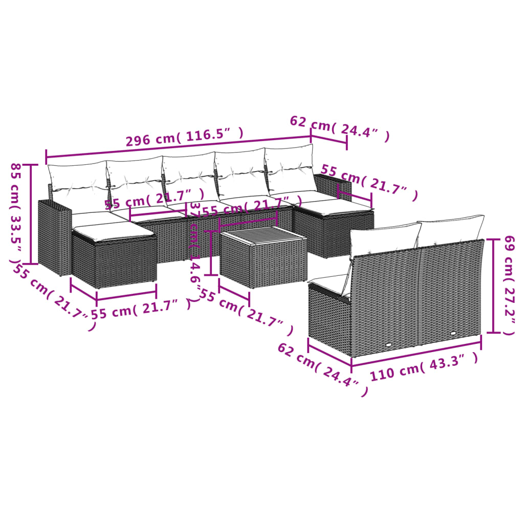 Set mobilier de grădină cu perne, 10 piese, gri, poliratan 3224324 - imagine 3