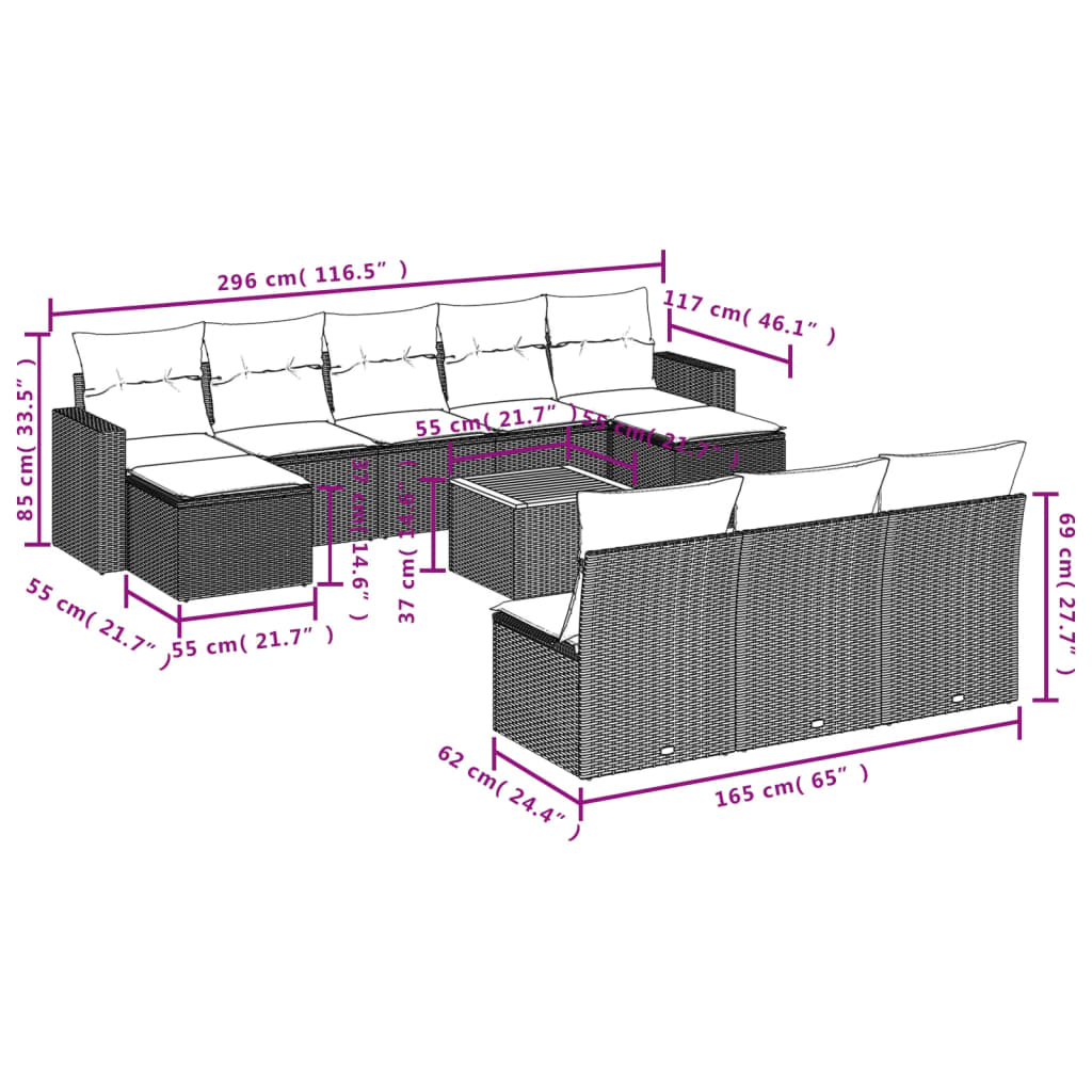 Set canapele de grădină cu perne, 11 piese, negru, poliratan 3224326 - imagine 3