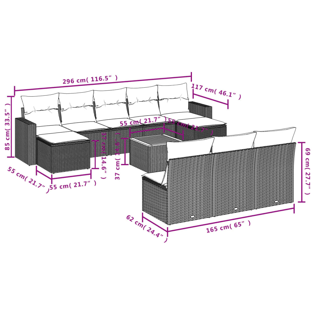 Set canapele de grădină cu perne, 11 piese, negru, poliratan 3224327 - imagine 3