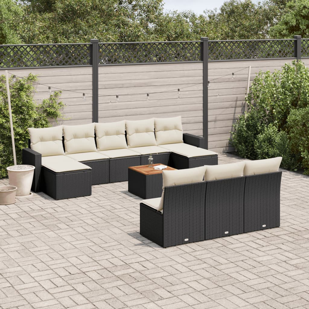 vidaXL 11-tlg. Garten-Sofagarnitur mit Kissen Schwarz Poly Rattan