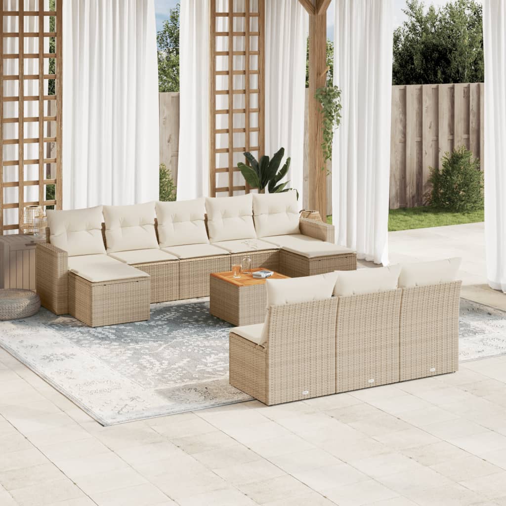 vidaXL 11-tlg. Garten-Sofagarnitur mit Kissen Beige Poly Rattan